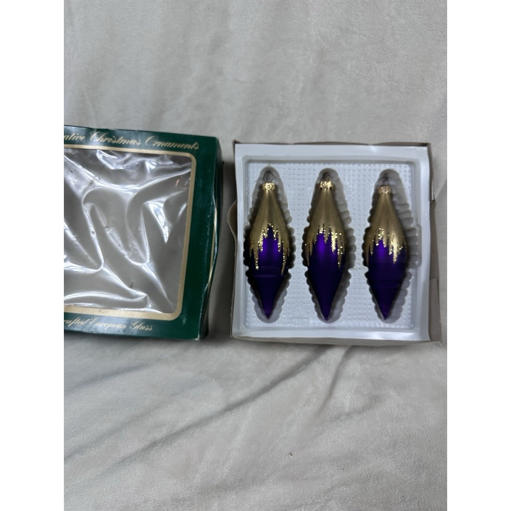 3 VTG Trim A Home Purple & Gold Glitter Glass Torpedo Christmas Ornaments 5.5"